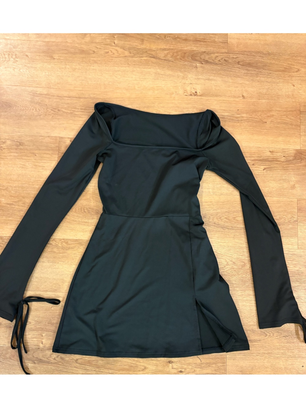 Square Neck Long-Sleeve Black Dress